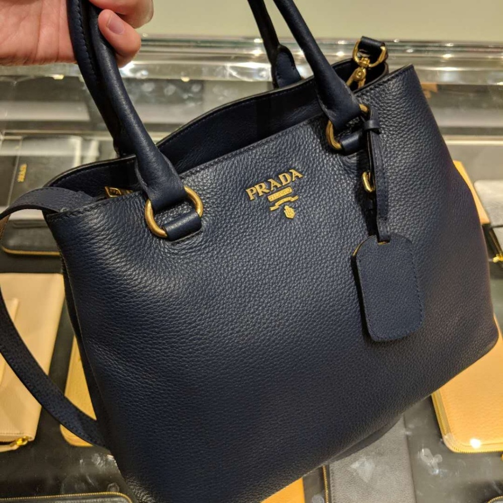 Prada Vitello Phenix Leather Convertible Bag- Navy